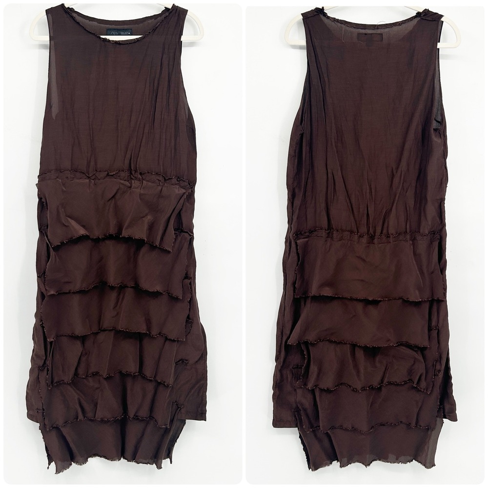Zara Womens Brown Tiered Ruffle Raw Hem Avant Garde Boho Midi Dress Size L